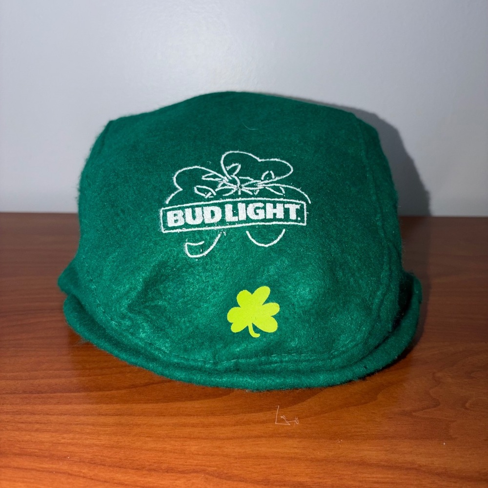 Bud Light St Patricks Day Green Felt Flat Cap Ivy Hat Shamrock Logo Unisex